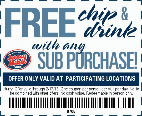 Free Chips and drink w/ sub purchase at 