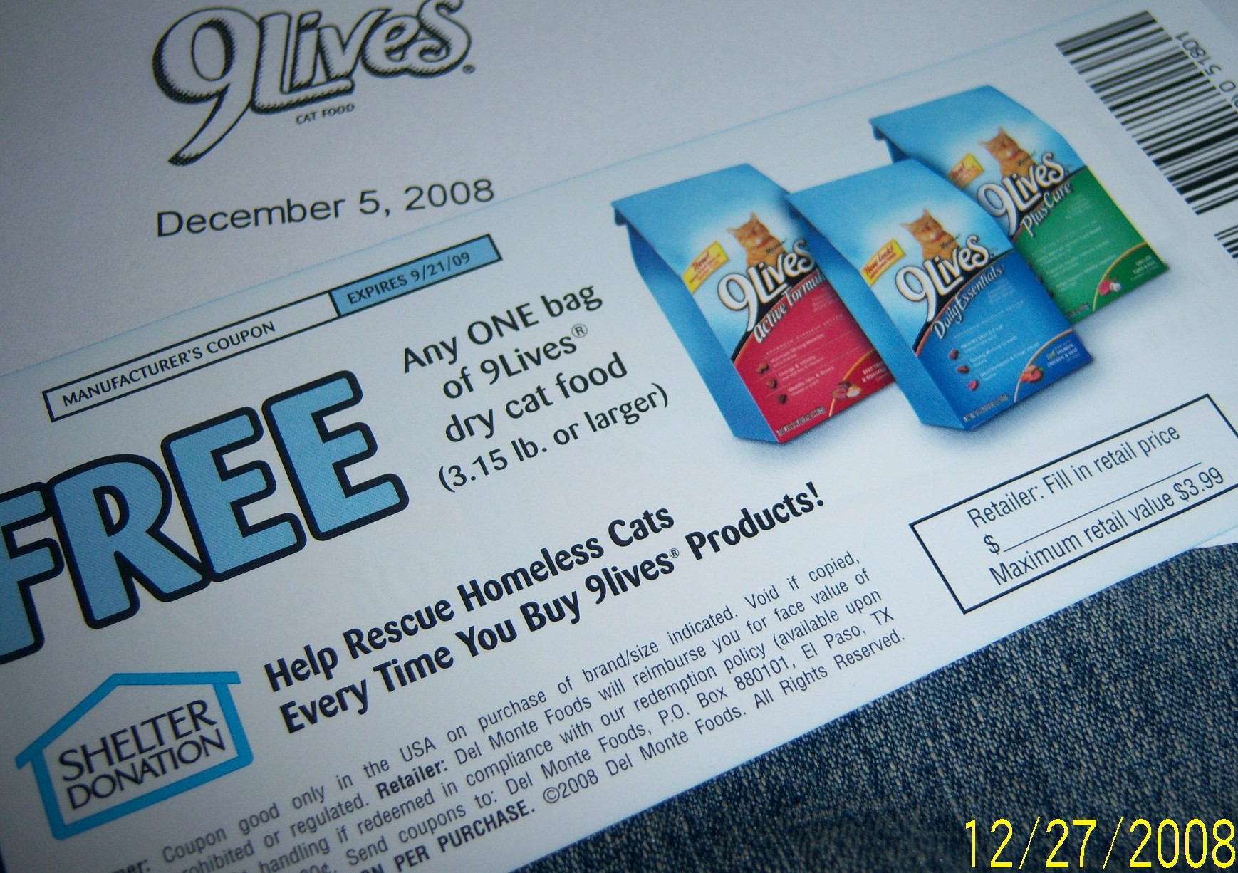 Free 3.15 lb bag of 9Lives dry cat food coupon