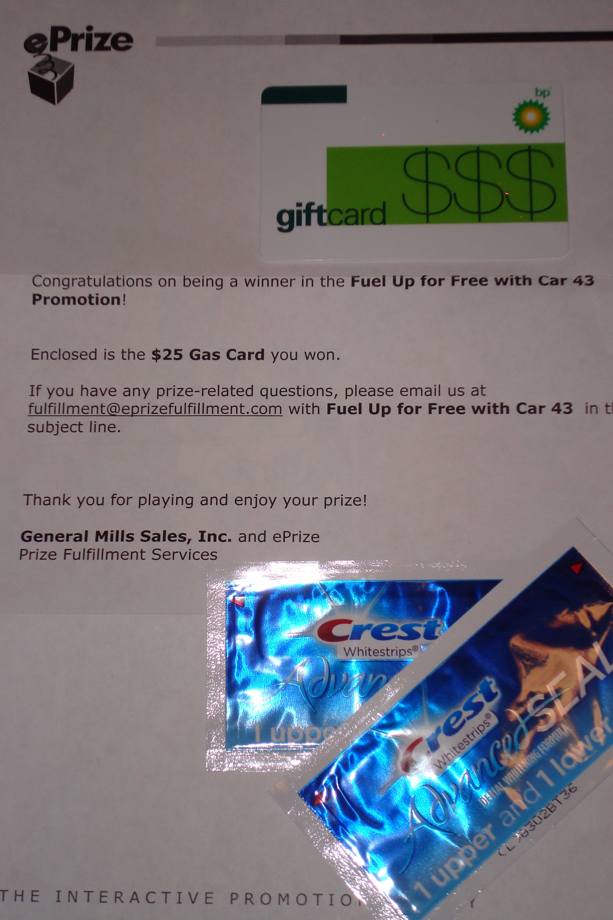 $25 gas card from IWG, crest white strips advanced