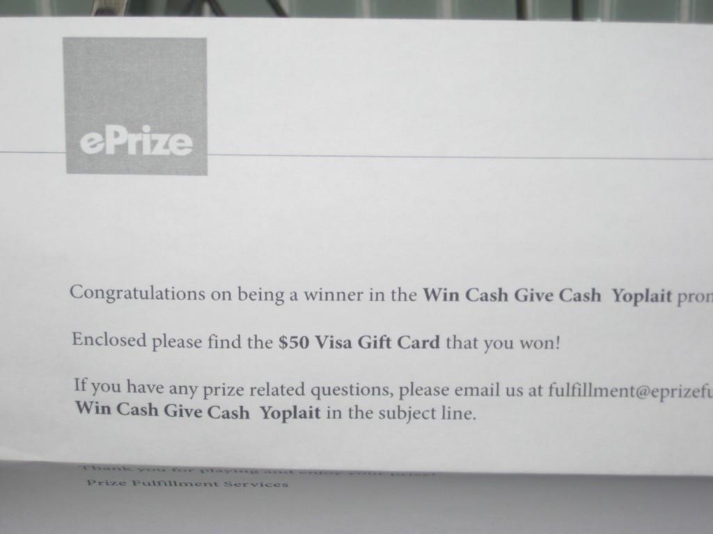 50 Gift Card Winner in the Win Cash Give Cash Yoplait Contest