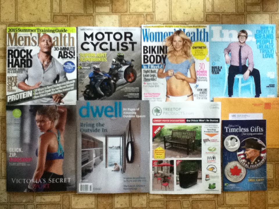 Men’s Health June magazine – Motor Cyclist July magazine – Women’s Health June magazine – Inc. June magazine – Victoria’s Secret Sport catalog – Dwell June magazine – Treetop Products Summer catalog – Littleton’s 2015 Timeless Gift catalog