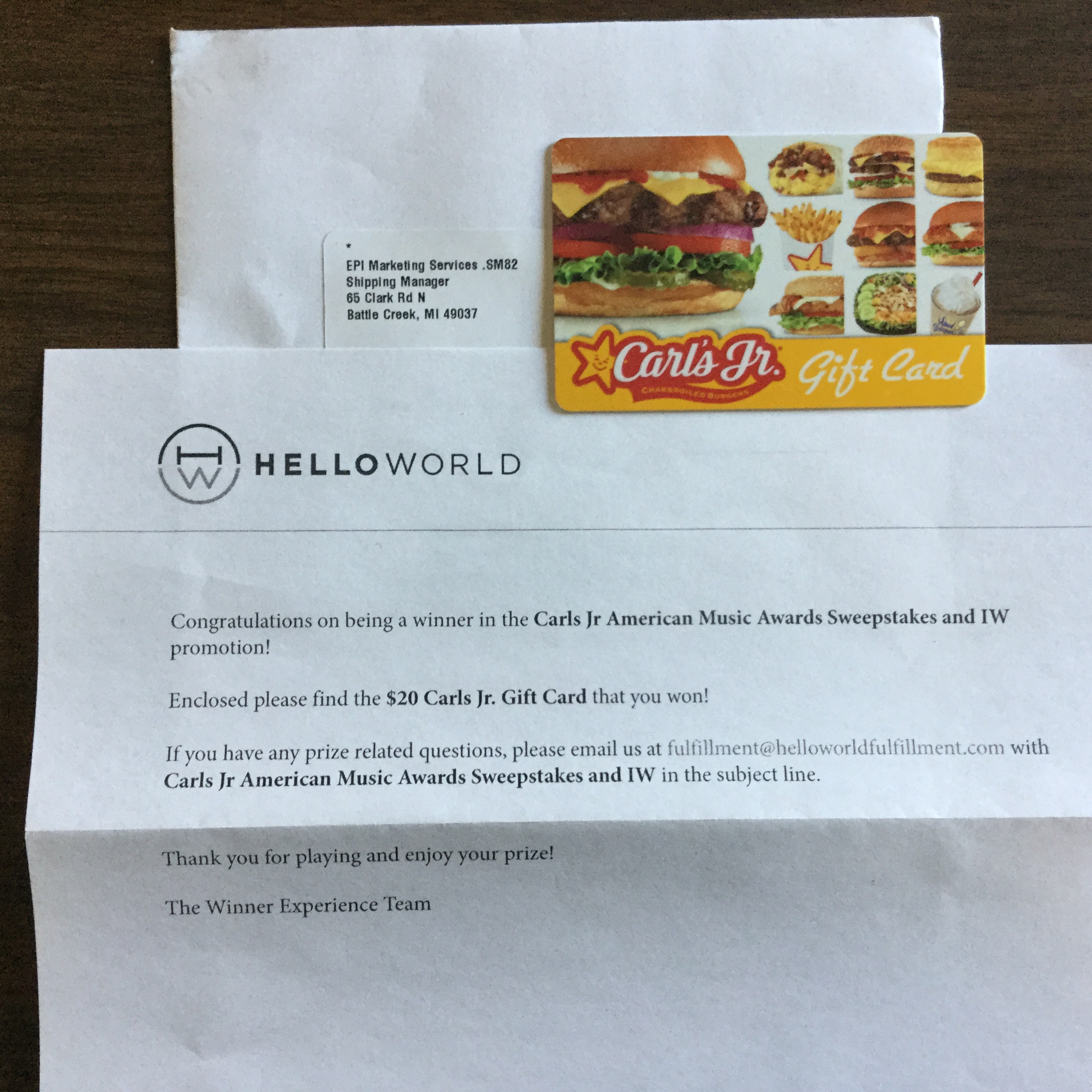 $20 Carl’s Jr. Gift Card Contest Win