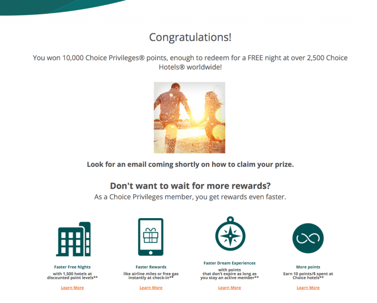 Choice Hotels CP Mystery Reward Card Instant Win Game Win