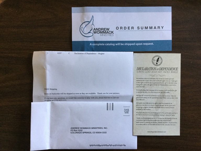 ⛪️ 👼🏻Thank you very much Andrew Wommack Ministers Inc 💒 ✝ for our Declaration of Independence Upon God and His Holy Bible Magnet 📬 👰🏻