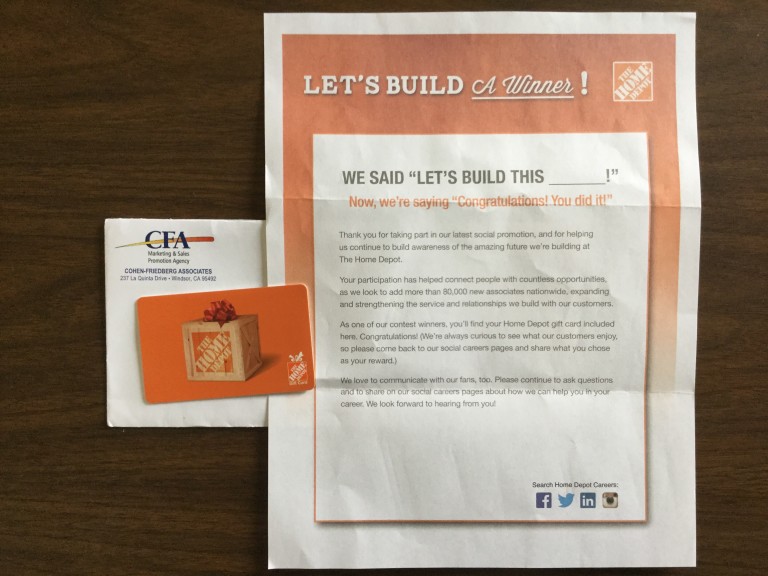 Home Depot Let’s Build This Sweepstakes Winner