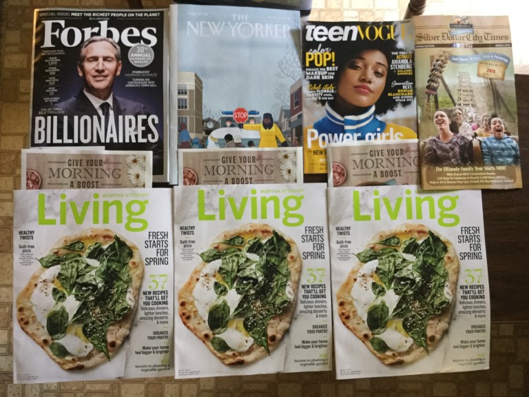 💰 Forbes 👮🏻 The New Yorker 💇🏾 Teen Vogue 🏆 Silver Dollar City Times 🍕 Martha Stewart Living magazines 📚