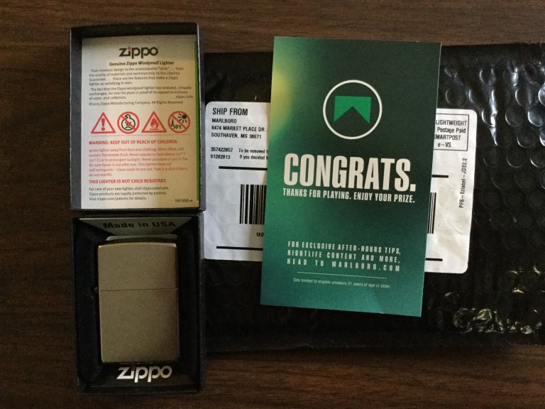 Winner of a  Zippo lighter in the Marlboro Match Up Promotion