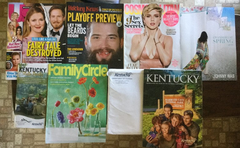 👫US Weekly🏒Hockey News⛹Cosmopolitan👙Joh​nny Was the Wanderlust Spring 2016 catalog🌎Kentucky State parks guide👩‍👩‍👧‍👦Family Circle🏇Kentucky 2016 Official Visitor’s Guide🎣  :)