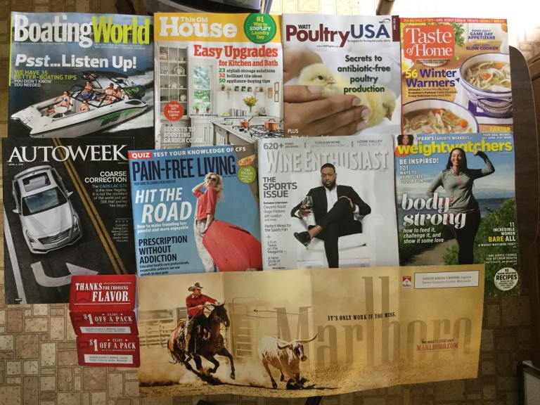 ⛴Boating World🏡This Old House🐓WATT Poultry USA🏚Taste of Home🚙AutoWeek💊Pain-Fre​e Living🍾Wine Enthusiast👙Weight Watchers magazines📬 📚Marlboro Coupons :)