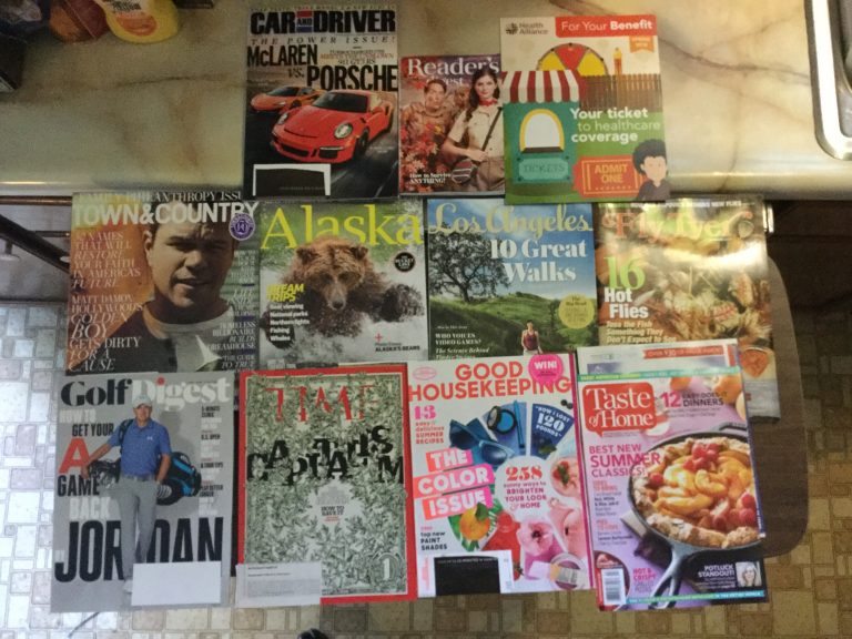 🏎Car and Driver📚Readers Digest💊Health Alliance Spring 2016 newsletter🌈Town & County☃Alaska🌟Los Angels🐠Fly Tyer⛳️Golf Digest⏰Time🏠Good Housekeeping🍰Taste of Home🍪