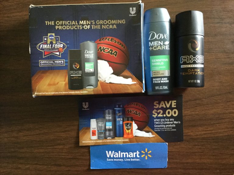 Free Dove Men-Care Sensitive Shield body and face wash and AXE Daily Fragrance Dark Temptation samples