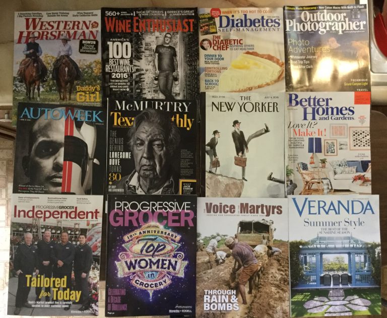 🏇Western Horseman🍾Wine Enthusiast🍰Diabetes Self-Management📸Outdo​or Photographer 🚗Autoweek🕴Larry McMurtry Texas Monthly🗽The New Yorker🍉Better Homes and Gardens🍎Progressive Grocer Independent🍒Progressi​ve Grocer 10th Top Women👼🏻Voice of the Martyrs🏡VERANDA📚
