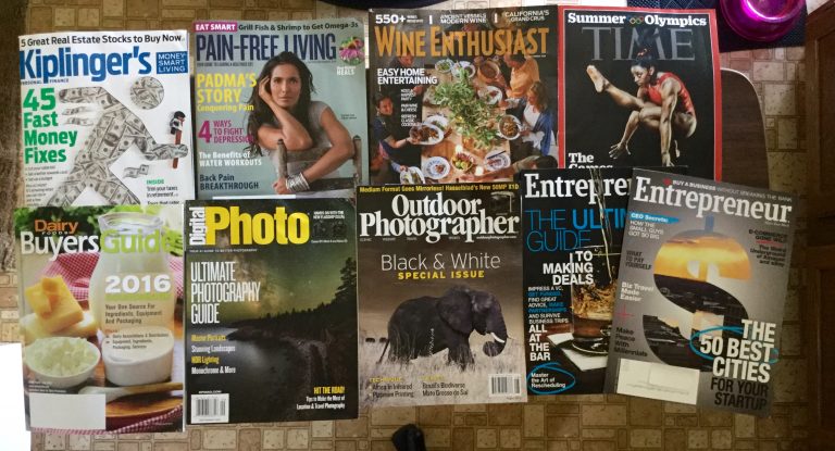 📚 7-30-16 Free mail 💰 Kiplinger’s 💉 Pain-Free Living 🍾 Wine Enthusiast ⏰ TIME Dairy Foods Buyers Guide 📸 DigitalPhoto 📷 Outdoor Photography 🚀 Entrepreneur July & August ⛽