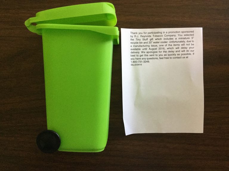 Free miniature 5″ recycle bin  from Camel