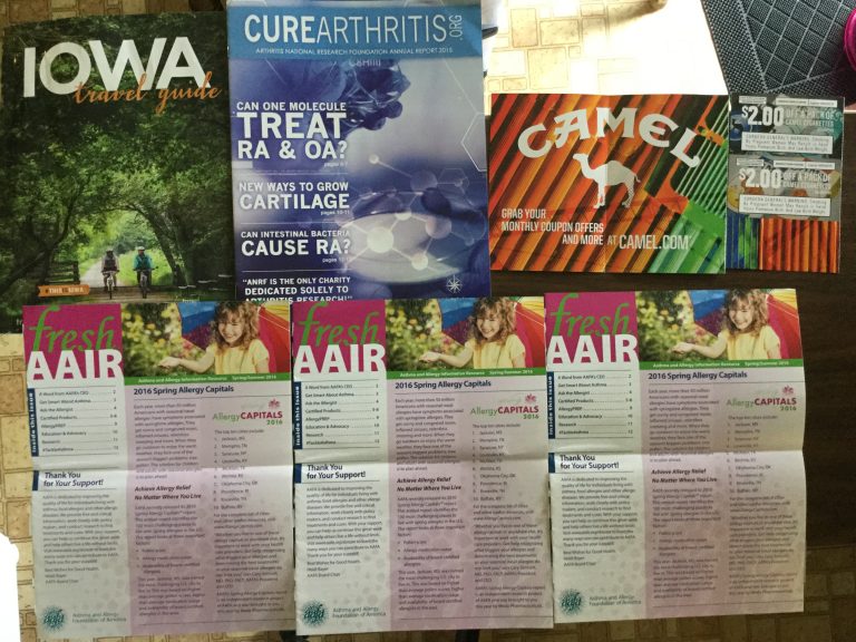 📬🌍 IOWA travel guide 💊CureArthritis research guide🚬 🐪Camel coupons 🌺🐝 Asthma and Allergy Foundation of America newsletters 📚