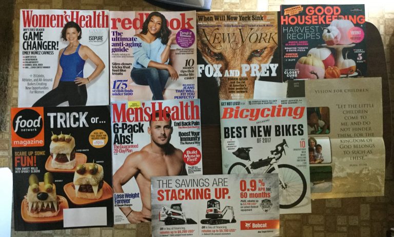 📬 9-10-2016 Free mail 👙 Woman’s Health 💇🏾 RedBook 🐺 New York Fox and Prey 🎃 Good Housekeeping 🍔 Food Network 👮🏻 Men’s Health 🚠 Bobcat 🚲 Bicycling 🌎 Vision Beyond Borders 📚