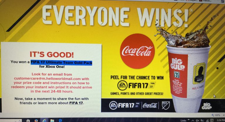 Winner in the COCA-COLA and 7-Eleven EA Sports Instant Win Game
