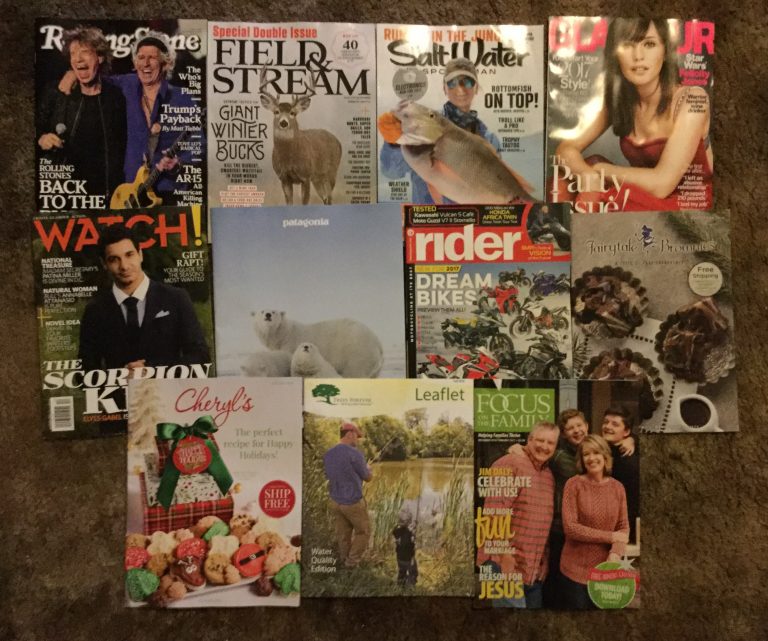 📬 11-28-2016 Free mail 🎼 Rolling Stones 💎 Field & Stream 🐠 Salt Water Sportsman 👙 Glamour 👔 Watch 🐼 Patagonia :) Rider  🍩 Fairytale Brownies 🍪 Cheryl’s 🎄Trees Forever Leaflet 👨‍👨‍👧‍👦 Focus on the Family 🎁