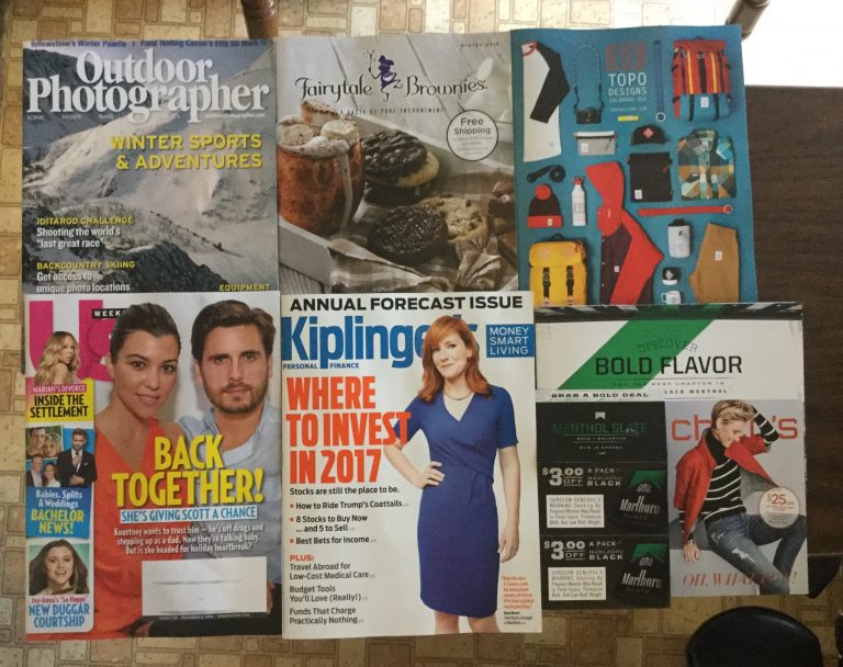 📬 12-05-2016 Free mail :) Outdoor Photographer 🍪 Fairytale Brownies 👕 TOPO Designs 👨‍❤️‍👨 US Weekly 💰 Kiplinger’s 🚬 Marlboro coupons 💸 Chico’s savings 💵 🚨