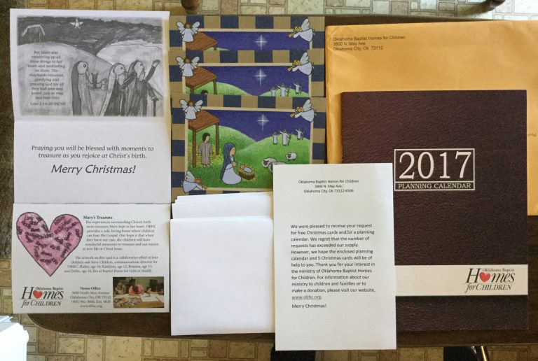 Free Christmas cards and Oklahoma Baptist Home for Children calendar