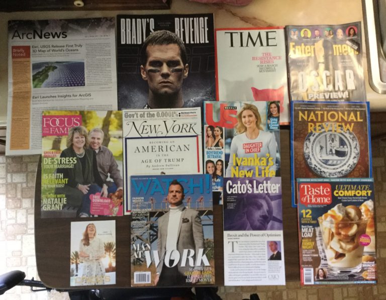 📫 1-28-2017 Free mail 📡 ArkNews 🏈 ESPN ⏰ Time 🤡 Entertainment weekly 👩‍👩‍👧‍👦 Focus on the Family 🗽 New York 🤼‍♀️ US weekly 🖥 National Review 👚 Chico’s discount card 💳 Watch ⌚️ Cato’s Letter 📰 Taste of Home 🏡