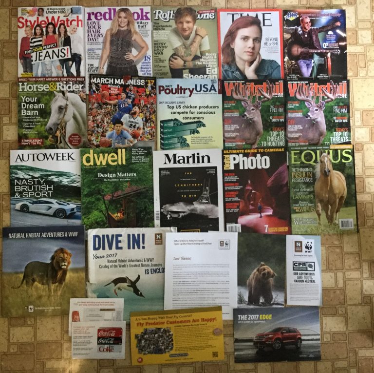 📬 3-18-2017 Free mail 👩‍👩‍👧‍👦 StyleWatch 📕 RedBook 🎊 Rolling Stone 💎 TIME 📺 American Musical Supply 🐴 Horse&Rider 🏀 Sports Illustrated 🐓 WATT Poultry USA 🇺🇸🦌 Whitetail Journal 🚙 Autoweek 🏭 Dwell 🐠 Marlin 📸 Digital Photo 🦄 EQUUS 🌎 Natural Habitat Adventures 🍺 Coupon for a Free Coke 12 pack 🐝 Spaulding Fly Predators 🚗 Ford Edge 2017 buyers guide 🏎