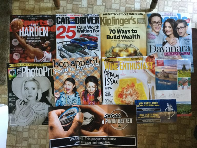 📬 3-2-2017 🏀 Sports Illustrated 🚗 Car and Driver 💰 Kiplinger’s 👬 People 📸 Digital PhotoPro 🥙 bon appetit 🍾 Wine Enthusiast 🌎 Viking River Cruises 🚢 🚬 SKOAL coupon 💸 🚨