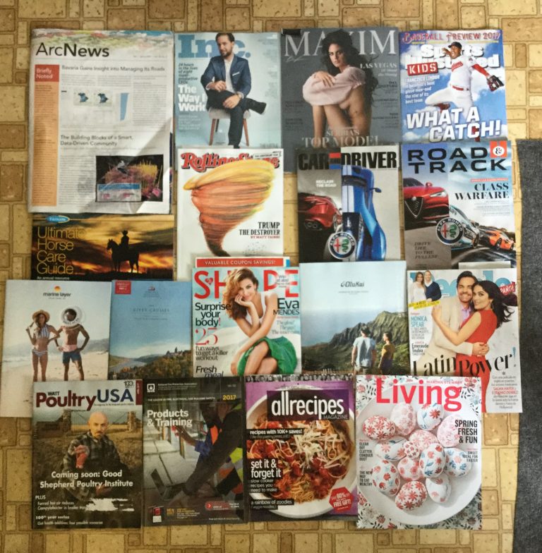 📬 4-3-2017 Free mail  🔬 ArcNews 🙅🏻‍♂️ Inc 👙 MAXIM ⚾️ Sports Illustrated 🐎 Farnam Ultimate Horse Care Guide and coupons 🌪 Rolling Stones 🚙 Car and Driver 🚗 Road&Track 🐠 Marine Layer 🛥 2018 Viking River Cruises 🚢 💆🏻 Shape 👞 OluKia 👩‍❤️‍👩 People 🐔 WATT Poultry USA ⛑ NFPA 🍱 All-recipes 🍳 Martha Stewart Living 🐇 🐾