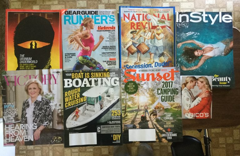 📬 4-8-2017 Free mail ⏰ TIME 🏃🏽 Runners World 🌎 National Review 👙 InStyle 👩🏻‍⚖️ Believers Voice of Victory 🚢 Boating 🌞 Sunset 🌅 Chico’s discount card 💳🐲