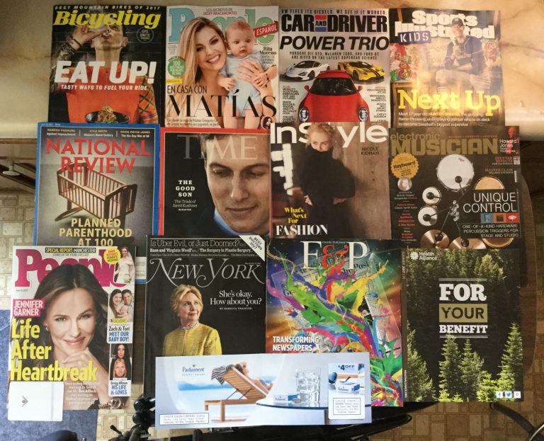 📬 6-3-2017 Free mail 🚴🏻‍♀️Bicycling 👩‍👦 People  🚗 Car&Driver ⚾️ Sports Illustrated Kids 🛎 National Review ⏰ TIME 👙InStyle 🥁Electric Musician 👨‍🎤 People 🗽New York 🚬 Parliament coupon 🎭 E&P 💊 Health Alliance 💉 📚