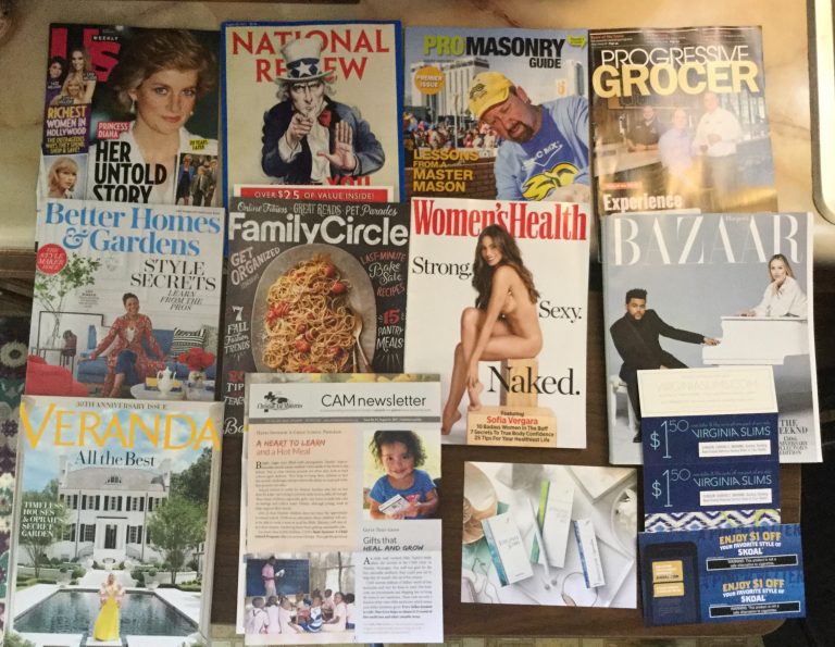 📬8-22-2017 Free Mail 👸🏻US weekly 🗽National Review ⛏Pro. Masonry Guide 🏪Progressive Grocer 🏕Better Homes and Harden 🥘Family Circle 👙Woman’s Health 🏰Harper’s Bazaar 🏯Veranda 📜Christian Aid Ministries 🚬Virginia Slims and 🛡SKOAL coupons 📚