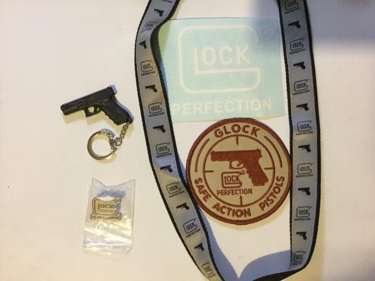 Free Glock mini gun key chain, Pin, lanyard, sticker and velcro patch