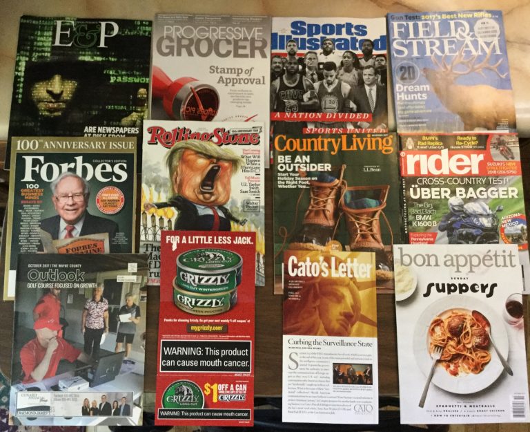 📬9-28-2017 Free Mail 🎭E&P🍎🏪Progressive Grocer 🏆Sports Illustrated 🦌Field&Stream 💰Forbes 💎Rolling Stone 🌈Country Living 🏍Rider ⛳️The Wayne County Outlook 🦍Grizzly Coupon 📰Cato’s Letter 🍝Bon Appetit 📚