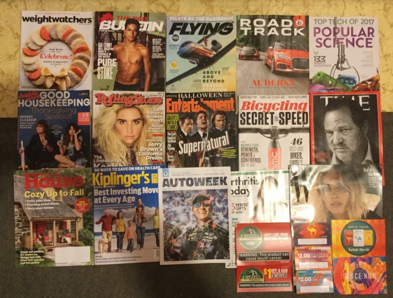 📬 10-14-17 Free Mail 🍰Weightwatchers 👨🏻‍🚒The Red Bulletin ✈️Flying 🏎Road&Track 🚀Popular Science 🔬 Good Housekeeping 🎃Rolling Stone 👹Entertainment weekly 🚲Bicycling ⏰TIME 🕌This Old House 💰Kiplinger’s 🚘AutoWeek 💊Arthritis Today🚬🚬Grizzly and Camel 🐪 coupo🤖W 📚