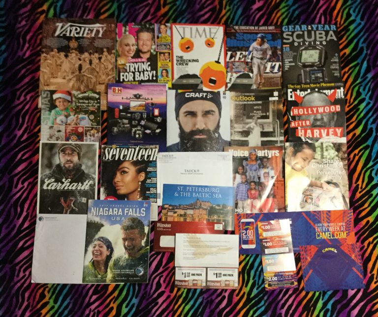 📬10-30-17 Free Mail 🛡Variety 👨‍❤️‍👨US weekly ⏰TIME 🏏Sports illustrated 🏄🏻ScubaDiving 🛍Oriental Trading 🔌B&H👕craft 👓the Wayne County Outlook 🎎Entertainment weekly 👖Carhartt 👧🏼Seventeen 🌍TAUCK ✝️Voice of Martyrs 🌈💦Niagara Falls 🚬Winston and 🐪Camel Coupons 🎃