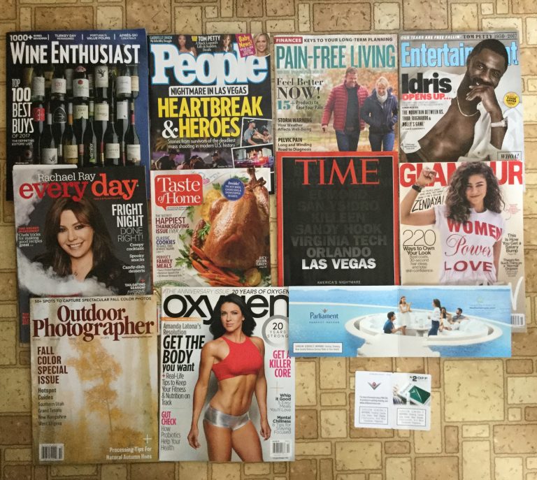 📬 10-7-2017 Free Mail 🍾Wine Enthusiast 👨‍👩‍👧‍👦 People 💊 Pain-Free Living 🎭 Entertainment weekly 🙎🏻Rachael Ray Every Day 🍖 Taste of Home ⏰ TIME 🙋🏼 Glamour 📸Outdoor Photographer 👙 Oxygen 🚬 Parliament Coupon 📚