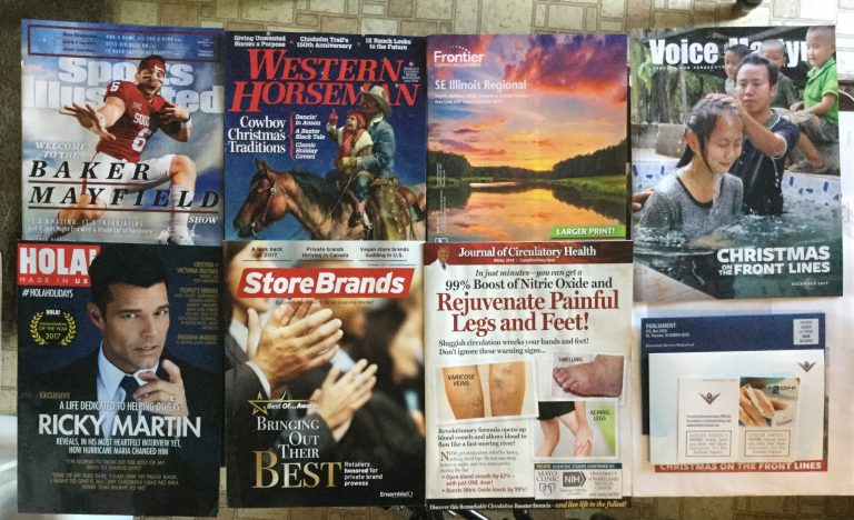📬12-01-2017 Free Mail 🏈Sports Illustrated 🐴Western Horseman ☎️Frontier Communications ⛪️Voice of the Martyrs 🧟‍♂️HOLA 🏪Store Brands 💊Journal of Circulatory Health 🚬Parliament Coupon 📚