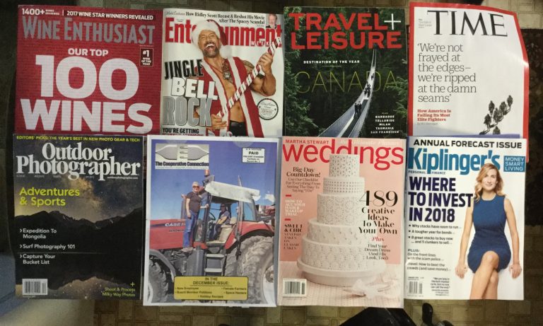 📬12–02-2017 🍾 Free Mail 🍷Wine Enthusiast 🎭 Entertainment weekly 🌎 Travel Leisure 🕰 Time 📸 Outdoor Photography 🚜The Cooperative Connection 👰🏻Martha Stewart Weddings 💰 Kiplinger’s 📚