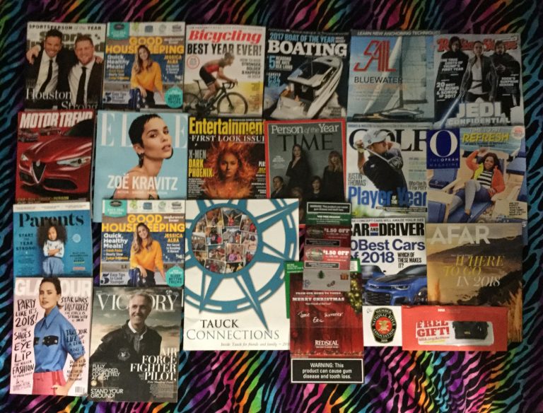 📬12-09-2017 Free Mail 🚧 Sports Illustrated  🔨Good Housekeeping 🚲 Bicycling  🛥 Sail ❄ Rolling Stone 🚙 Motor Trend 💆ELLE 👯 Entertainment Weekly ⏰ TIME 🏌Golf 😇 O 👪Parents  📯Good House Keeping 🌏 TAUCK Connections  🚗 Car and Driver 🗺 AFAR 👙 Glamour ⛪ Victory 🐙 RedSeal Christmas Card and coupons 🔫 NRA Sticker 🗳