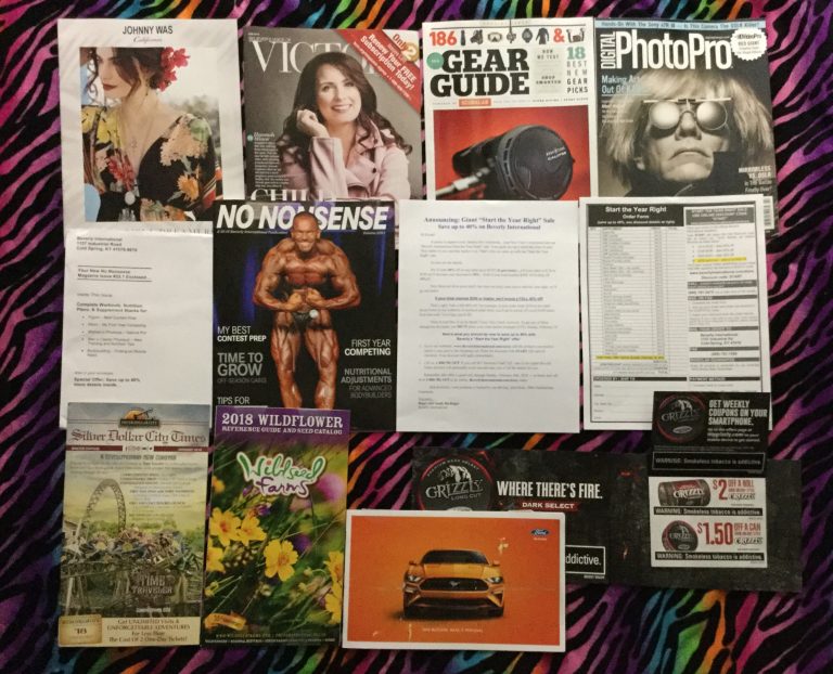 📬 01-09-2018 Free Mail 👚 Johnny Was California ⛪ Believer’s Voice of Victory 🚢 Gear Guide 📸 Photo Pro  💪 Beverly International No Nonsense 💰 Silver Dollar City Times  💐 Wildseed Farms 🚌 2018 Ford Mustang Guide 🙊 Grizzly coupons 💸