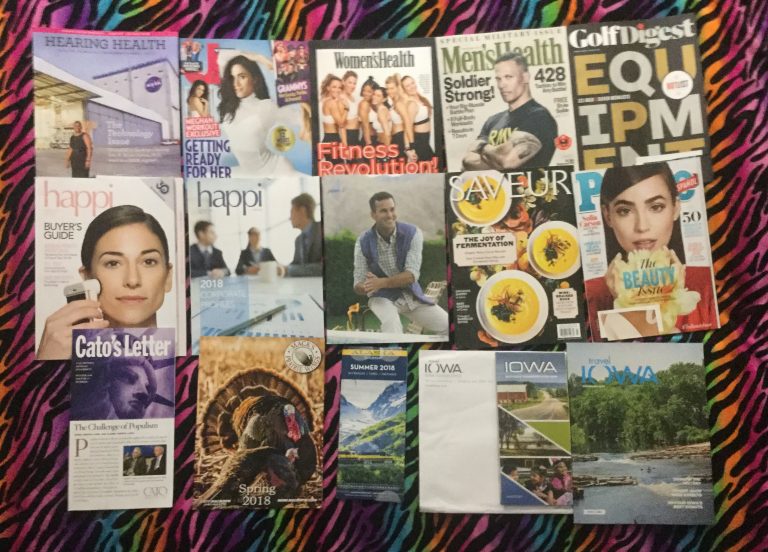 📬 02-05-2018 Free Mail 👂🎧 Hearing Health 🙅 US Weekly 👙 Woman’s Health 👷 Men’s Health 🏌 Golf Digest 😇 happi 1 and 😃 happi 2 👕 Johnie-O 🎂 SAVEUR 💑 People 📰 Cato’s Newsletter 🦃 Mack’s Prairie Wing’s ⛄ Alaska guide 🐍 Iowa🗺 and travel guide 📚