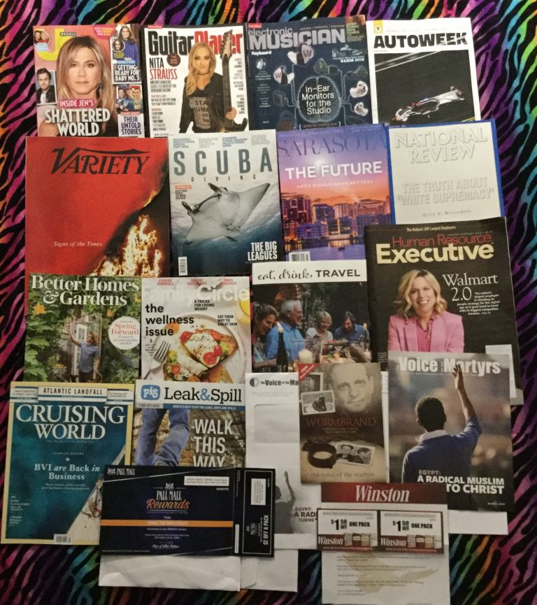 📬 02-26-2018 Free Mail 🙅 US weekly 🎸 Guitar Player 📻 Electronic Musician 🏎 Autoweek 🔥Variety 🐡 Scuba Diving 🏬 Sarasota  🗽National Review 🌻Better Homes and Gardens  🍳 Family Circle 🌎 Collette 💁 Human Resource Executive  🚢 Cruising World 🐖 PIG Leak & Spill 🌐 The VOICE of the Martyrs New letter and book 🚬 PALL MALL and 🕊 Winston coupons 📚