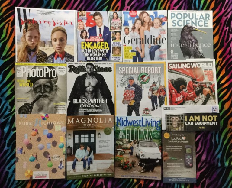 📬 03-03-2018 Free Mail 👫 W 👾 US weekly 👪 People 🐦 Popular Science  📸 Digital Photo Pro 💎 Rolling Stone ⛪ Samaritan’s Purse ⛵ Sailing World 🏖 Pure Michigan 🚪 The Magnolia Journal 💐Midwest Living 🐒 I AM NOT A LAB EQUIPMENT from PETA 🔬 Weber Scientific  📚