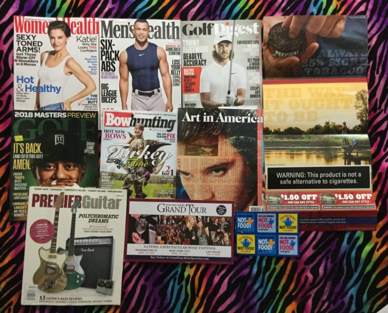 📬 03-13-2018 Free mail 👙 Woman’s Health  🏋 Men’s Health 🏌 Golf Digest 🕳 Red Seal ⛳ Golf 🏹 Bow Hunting 🎨 Art in America 🎸 Premier Guitar 🍷 Wine Spectator 🐟 PETA Stickers 📚