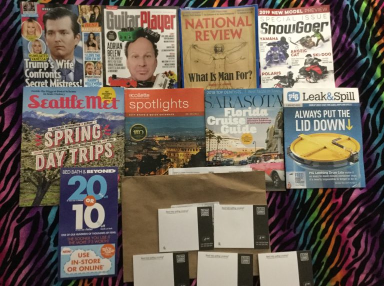 📬 03-26-2018 Free mail 🕴US weekly 🎸 Guitar Player 🔫 National Review 🏂 SnowGoer 🏔 Seattle Met 🔦 Collette Spotlights 🚢 Sarasota Florida Cruise guide 🐷 PIG Leak & Spill issue 🛏 Bed Bath & Beyond discount card 🐛 Need Help Quitting Smoking 🚬 Tips from Former Smokers Notepads 📑 from Centers For Disease Control and Prevention    📚