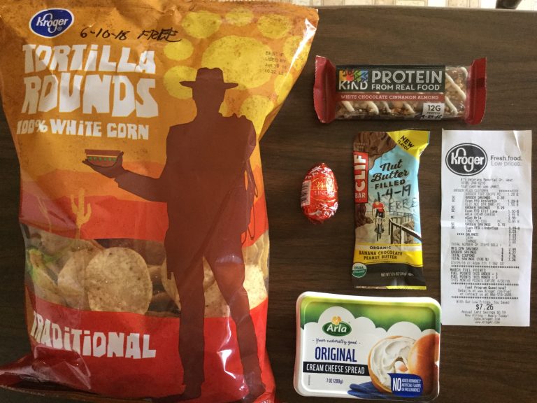 Free Tortilla Chips, Kind bar, Lindt egg, Clif bar, and Arla Cream Cheese at Kroger