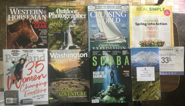 📬 04-19-2018 Free mail 🐴 Western Horseman 📸 Outdoor Photographer ⛵ Cruise World 🏠 Real Simple 🎸 Portland monthly  ⛺ Washington State guide 🏊 Scuba Diving 🐻 Holland America Line Alaska 🚿 DERMA-E discount card  📚