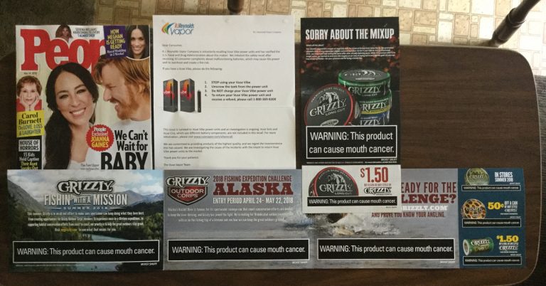 📫 05-04-2018 Free mail 👪 People 🚭 R.J. Reynolds Vapor Company recall on Vuse Vibe🐻 Grizzly coupons  📚
