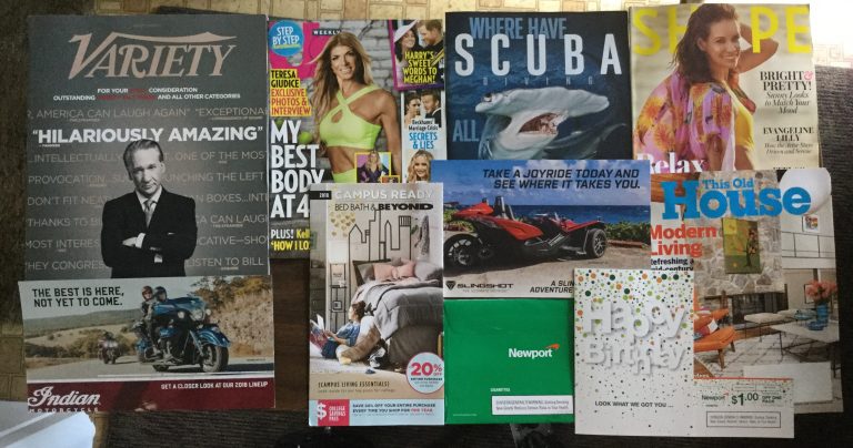 📬 06-18-2018 FREE mail🕵 Variety 👪 US weekly 🐡 Scuba Diving 👙Shape 🏍 Indian Motorcycle  🛏 Bed Bath @ Beyond 🚬 Newport Birthday Card and coupon 🏡 This Old House 📚