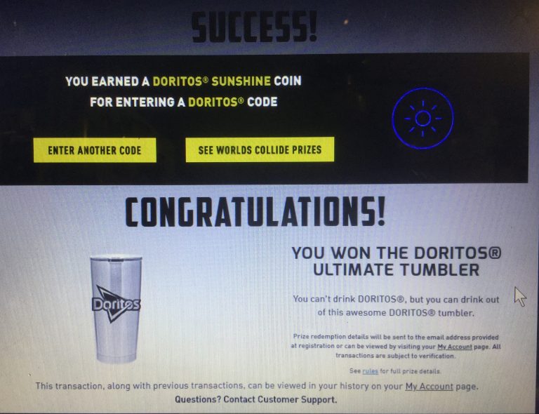 won a Doritos Ultimate Tumblr in the  WORLDS COLLIDE: MtnDew ICE™ AND #DORITOS®  Sweepstakes